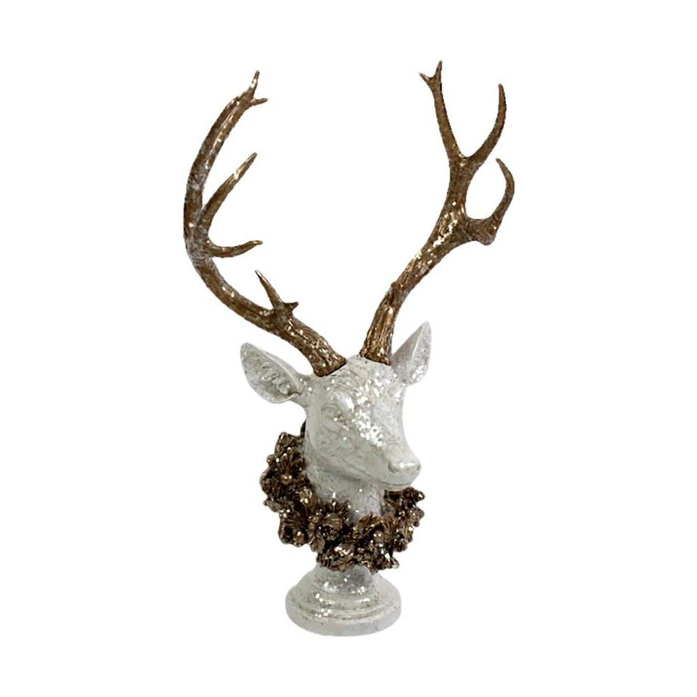 Pezsgőszínű tobozkoszorúval díszített, deres hatású, nagyméretű, 54,5 cm magas, exkluzív karácsonyi szarvas mellszobor .
