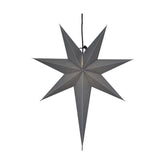 Modern, skandináv stílusú, 65 cm magas, szürkeszínű papírból készült, csillag formájú karácsonyi dekor függeszték lámpa.