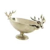 Prémium minőségű, 54 cm hosszú, ovális formájú, szarvasfejekkel díszített, ezüst színű karácsonyi talpas fémtál