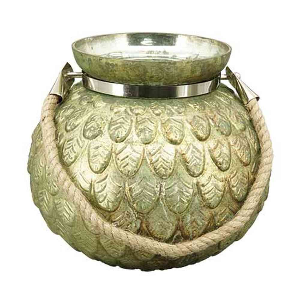 Zöldes antikolt arany színű, dombormintás felületű, 14 cm átmérőjű kézműves karácsonyi üveg mécsestartó