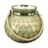 Zöldes antikolt arany színű, dombormintás felületű, óriás méretű, 28 cm átmérőjű kézműves karácsonyi üveg mécsestartó