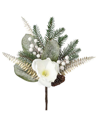 Fehér színű magnóliavirággal, pezsgőszínű páfrány levelekkel díszített, deres hatású fenyőág műnővény.