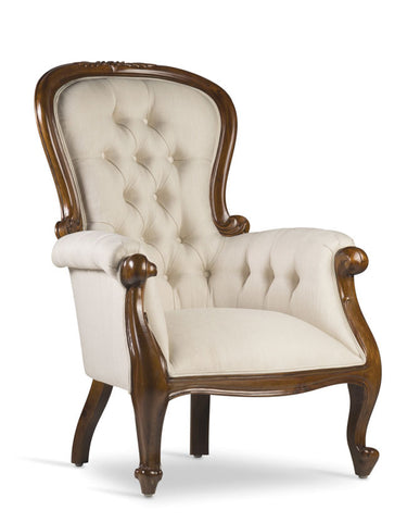 Bézs színű textíliával kárpitozott, tömör mahagónifából készült klasszikus koloniál stílusú kézműves fotel