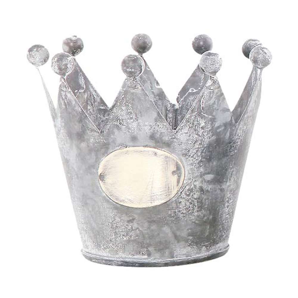 Vidéki vintage stílusú, antikolt felületű, 10 cm átmérőjű korona formájú bádog kaspó.