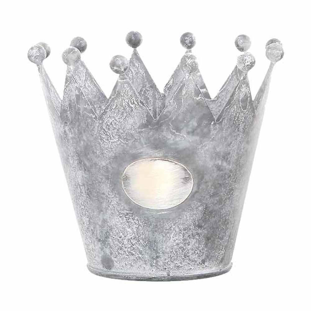 Vidéki vintage stílusú, antikolt felületű, 15 cm átmérőjű korona formájú bádog kaspó.