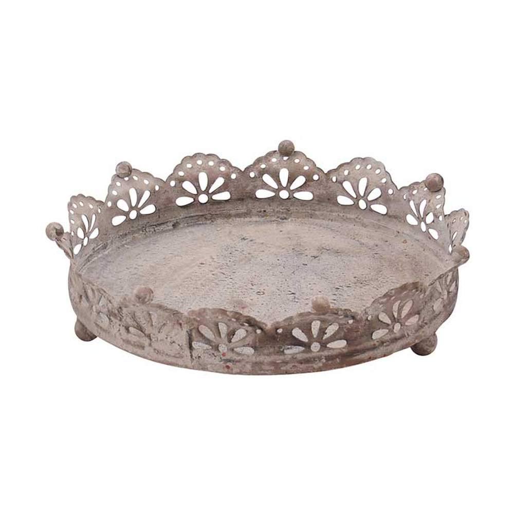 Vintage stílusú, fémcsipkével díszített, koronás bádogtálca