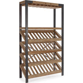 Fémből és fából készült, loft stílusú bortartó polcos állvány.