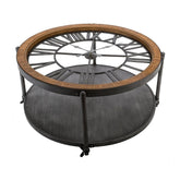 Impozáns méretű, 90 cm átmérőjű, fémből, fenyőfából és edzett üvegből készült, kerekekkel ellátott, loft stílusú dohányzóasztal