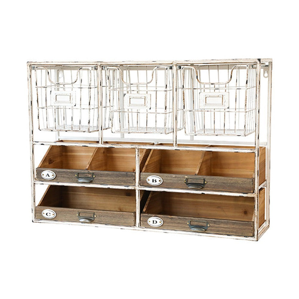 Ipari stílusú, 71 cm hosszú és 50 cm magas, 4 fiókos és 3 tárolókosárral rendelkező fali polc.