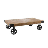 Natúr színű, tömör mangófából készült, 117 cm hosszú és 34 cm magas, loft stílusú kerekes dohányzóasztal