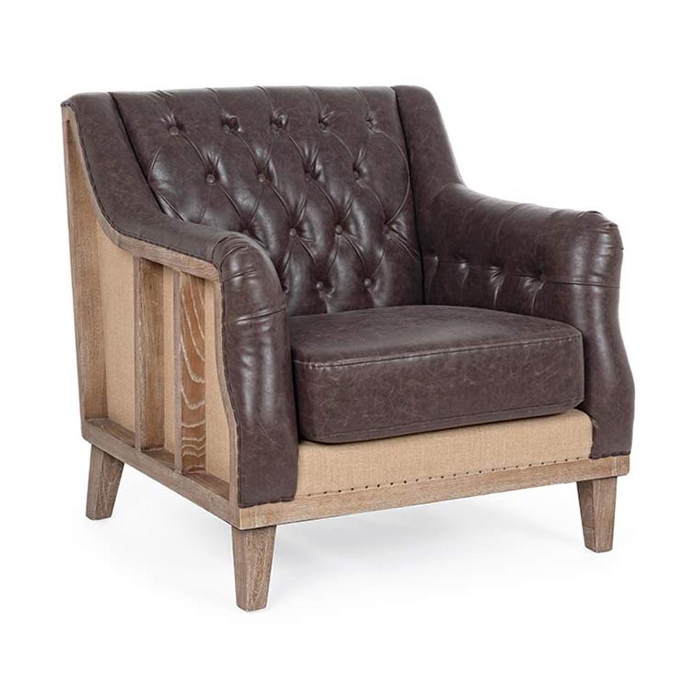 Prémium minőségű, 83 cm hosszú, kőrisfából készült, barna színű műbőrrel kárpitozott, loft stílusú fotel a "Raymond" kollekcióból