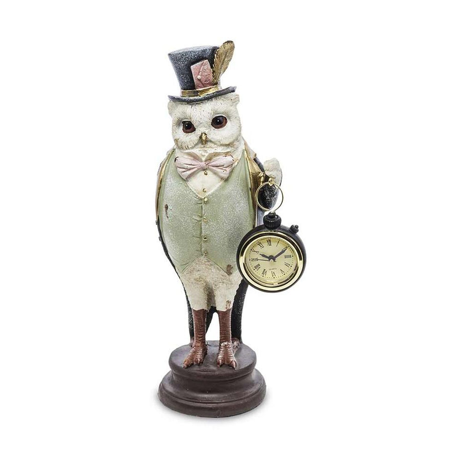 Fub Funky stílusú, cilinderes bagolyfigura órával a kezében