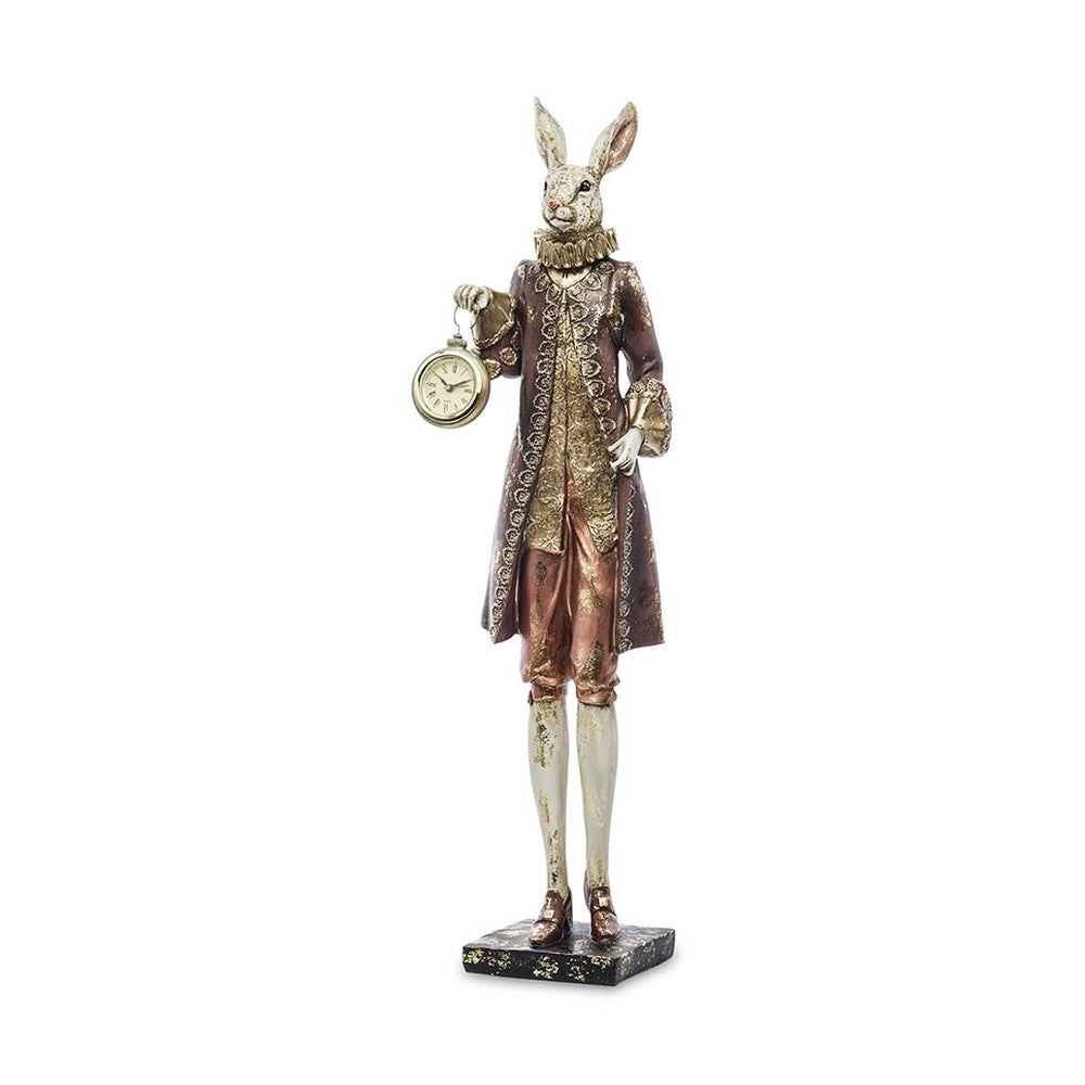 Nagyméretű, 57 cm magas, Fub Funky stílusú, rokokó kosztümös nyuszifigura órával a kezében