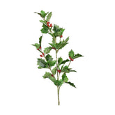 Mesterséges piros bogyós karácsonyi magyal ág, zöld színű levelekkel.