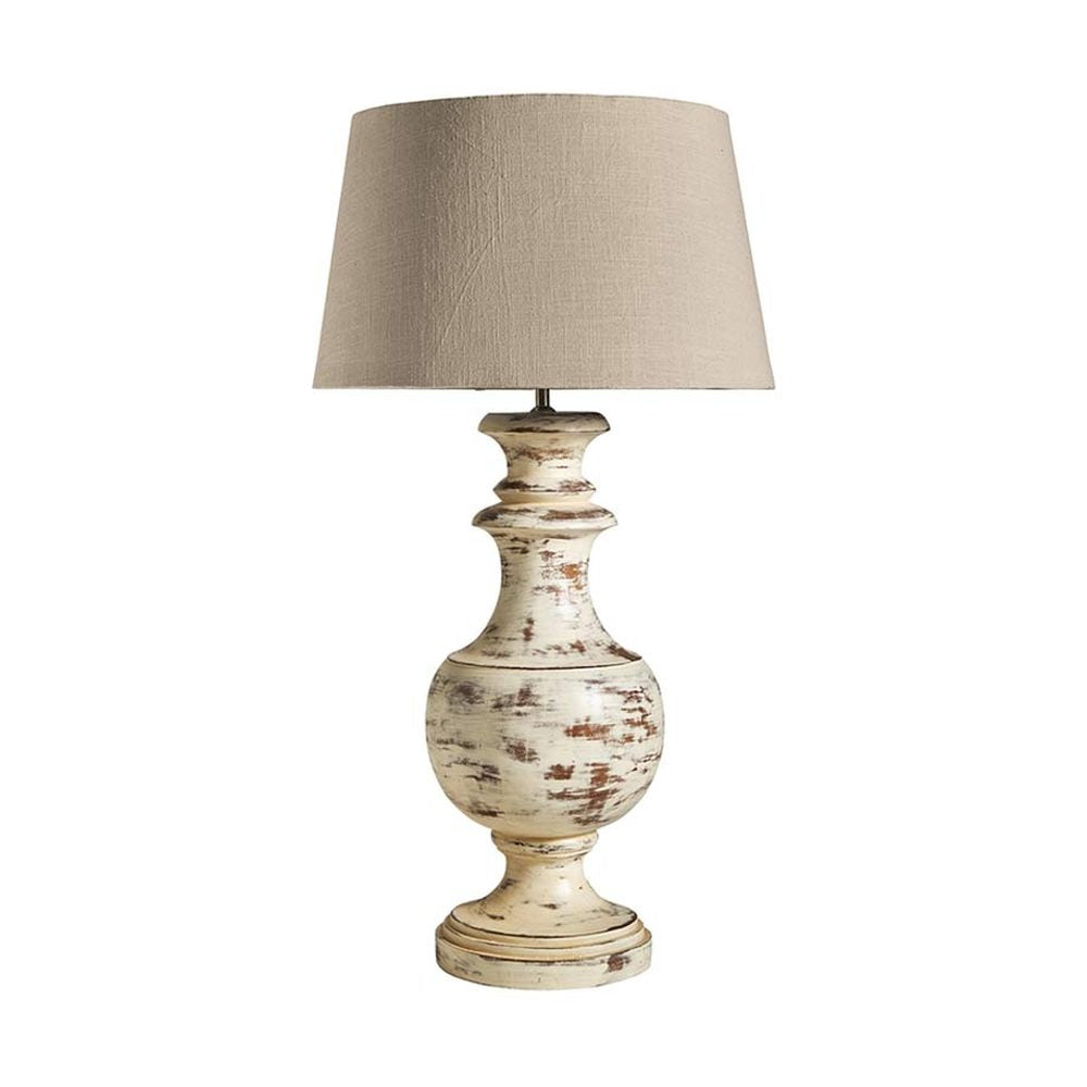 Prémium kategóriás, mangófából faragott nagyméretű, antik krém színű asztali lámpa, pamut lámpaernyővel