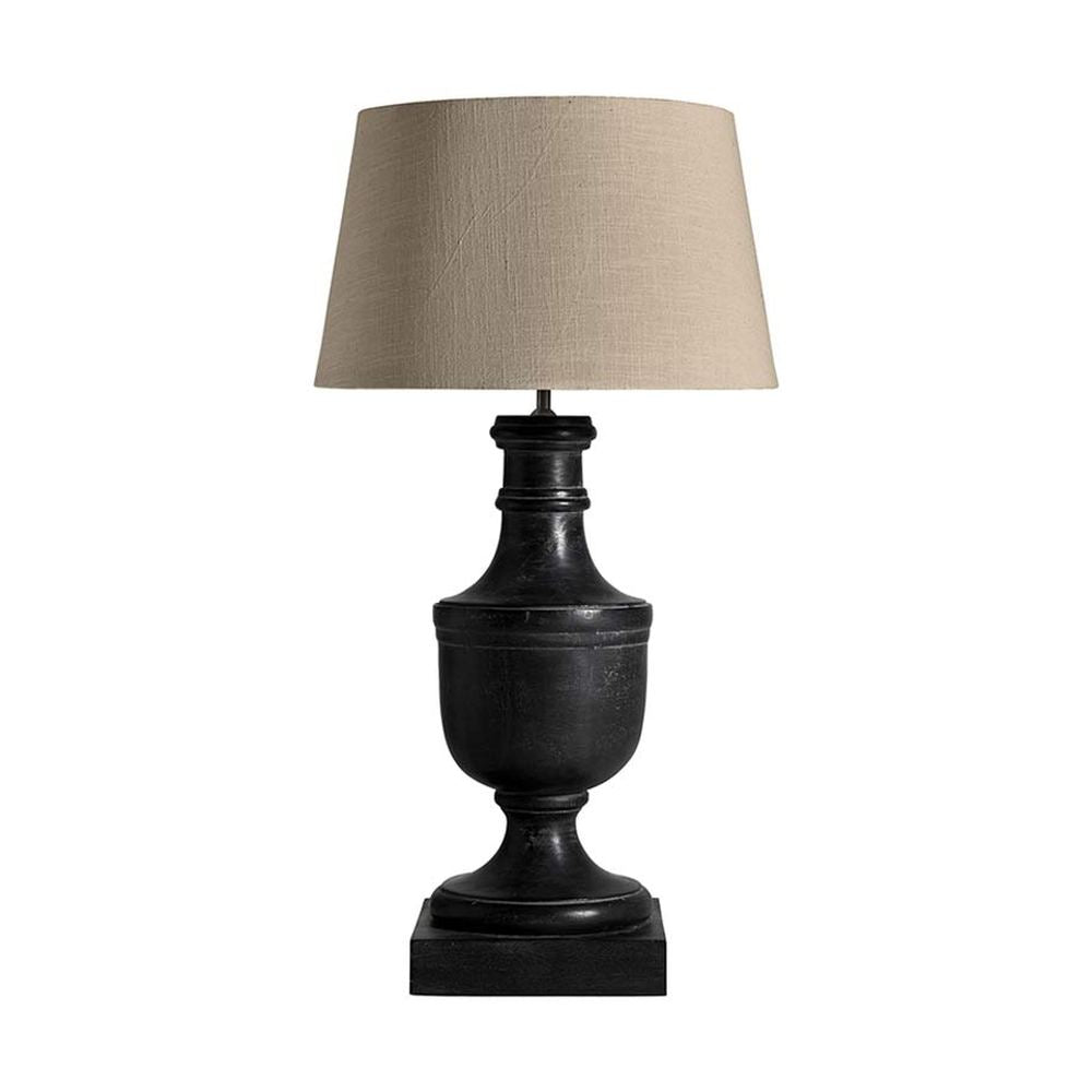 Prémium kategóriás, mangófából faragott nagyméretű, antik fekete színű asztali lámpa, pamut lámpaernyővel