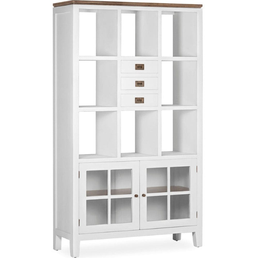 Tömör mindifából készült, modern-vidéki stílusú, 3 fiókos, kézműves könyvespolc.