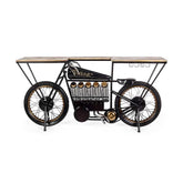 Vintage versenymotor formájú, fekete színű kézműves fém bortartó bárpult fa fedlappal.