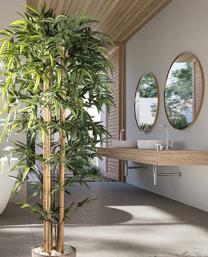 Mű bambusz cserje, modern fürdőszobában.