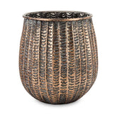 Kortárs, modern stílusú, dombormintás felületű, réz színű, nagyméretű fém kaspó