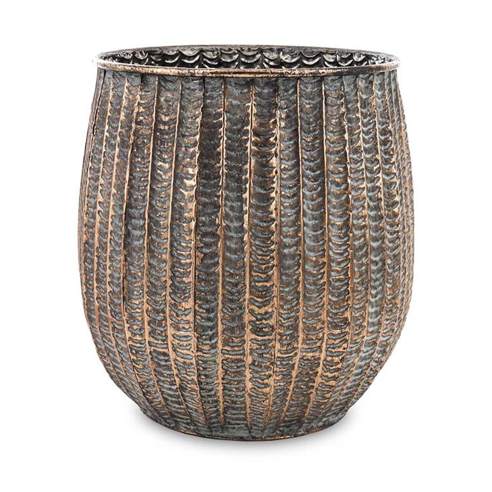 Kortárs, modern stílusú, dombormintás felületű, réz színű, nagyméretű fém kaspó