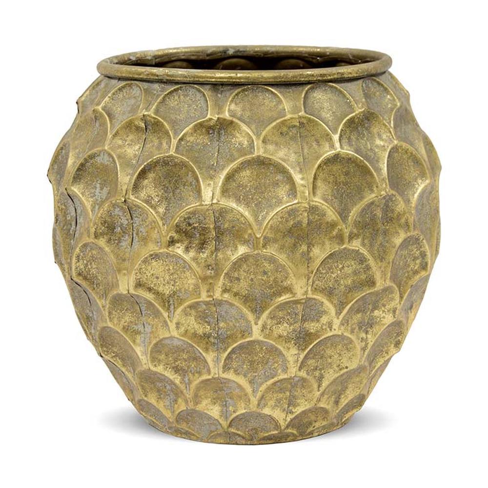 Kortárs, modern stílusú, antik arany színű, 32 cm átmérőjű fém kaspó.