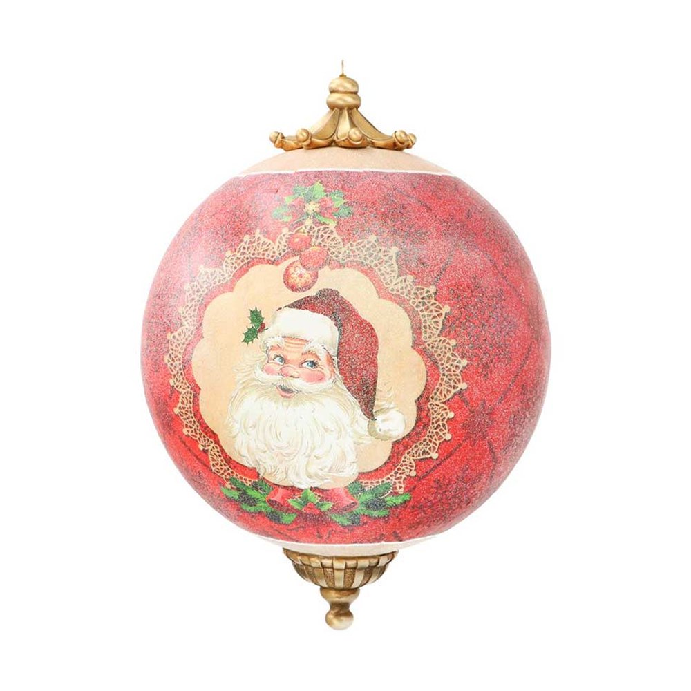 Vintage stílusú, 25 cm átmérőjű, Télapóval díszített, nagyméretű függeszthető karácsonyi gömb dísz.