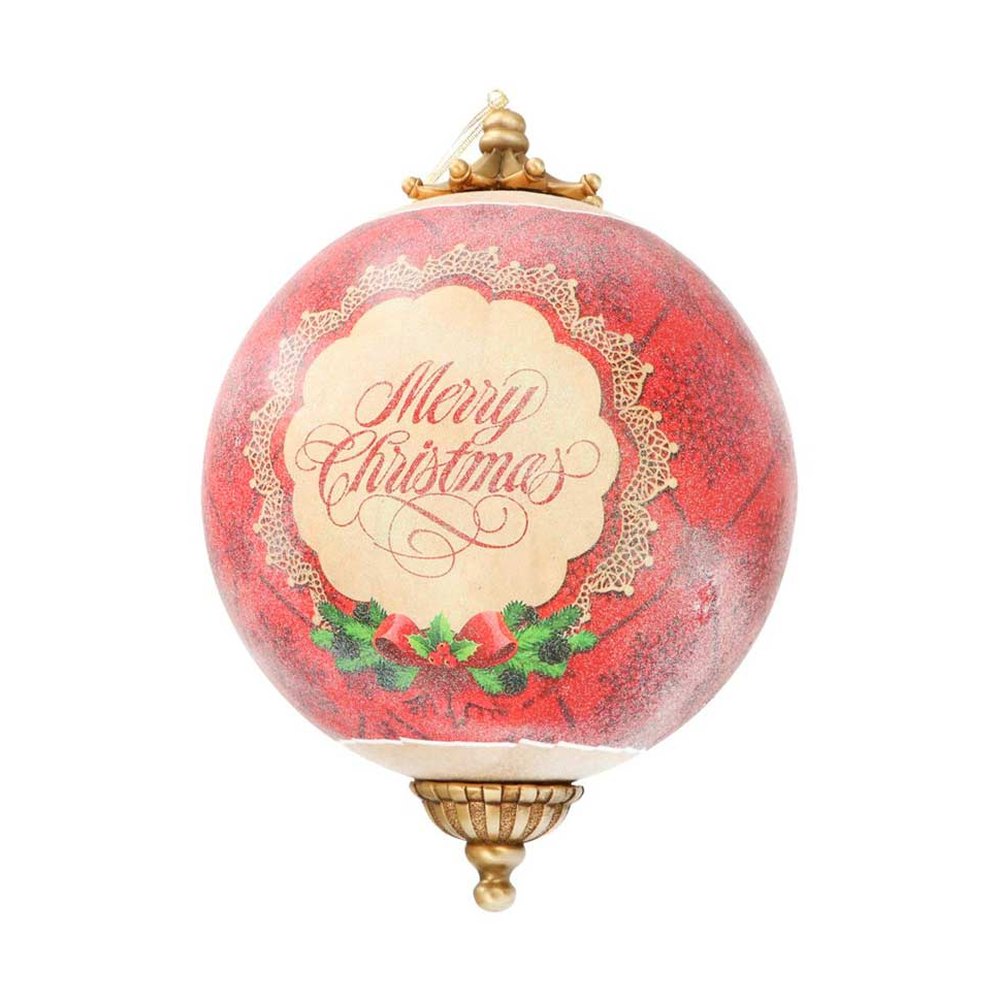 Vintage stílusú,, Merry Christmas felirattal díszített, nagyméretű függeszthető karácsonyi gömb dísz.