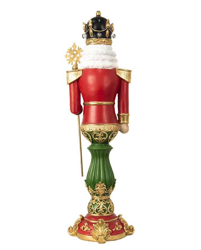 Barokkos díszítésű, nagyméretű, 67 cm magas, díszes talapzatú, karácsonyi diótörő figura LED-világítással 