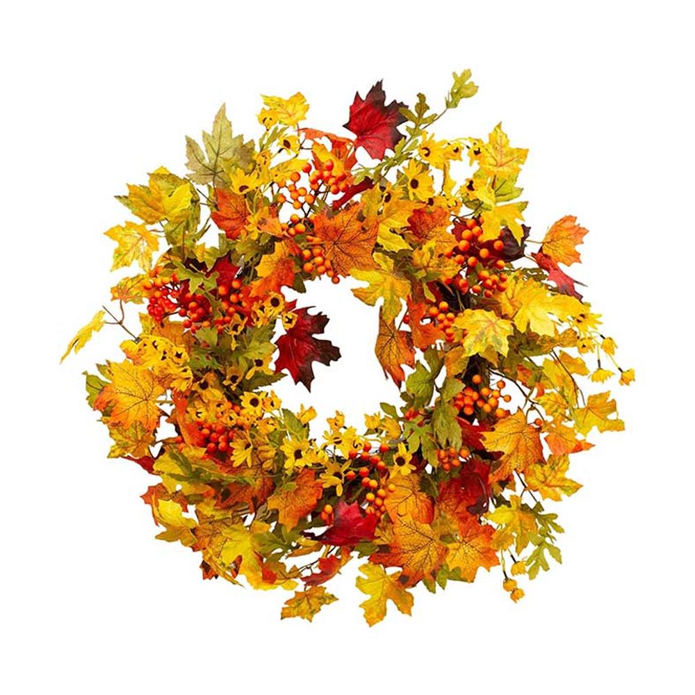 Őszi hangulatú, élethű megjelenésű, 60 cm átmérőjű, vidéki vintage stílusú, mesterséges mű, erdei ajtókopogtató koszorú.
