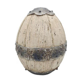 Prémium minőségű, vidéki vintage stílusú, rusztikus patinás felületű, dombormintás fémes jellegű pántokkal díszített, fahatású nagyméretű tojás