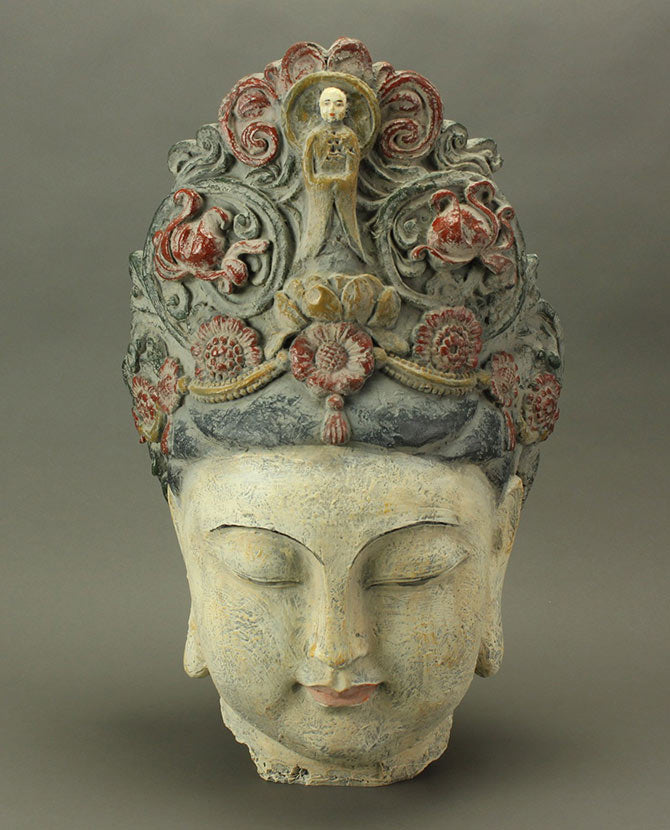 Oriental stílusú, kézzel készét, antikolt felületű buddha fej szobor