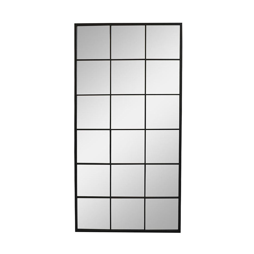 Feketeszínű, nagyméretű, 90 cm hosszú és 180 cm magas, fémből készült, loft stílusú falitükör.