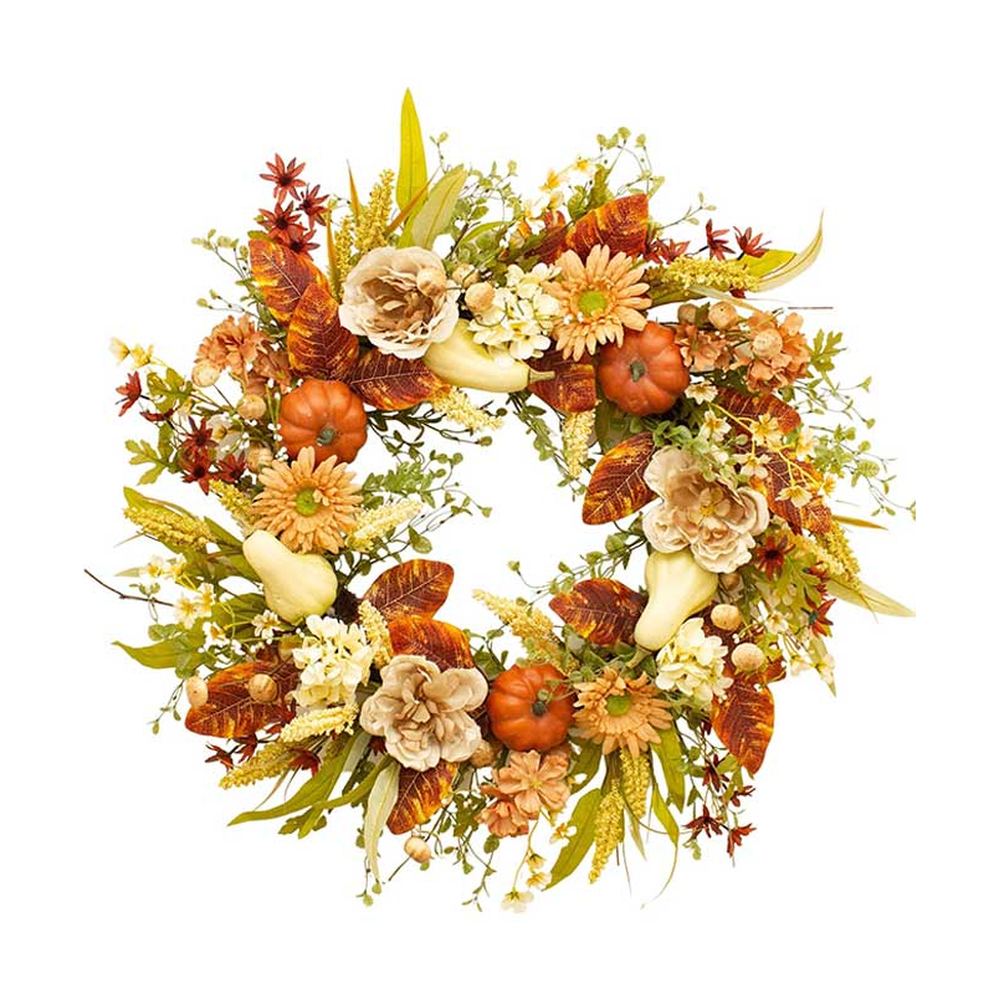 Exkluzív megjelenésű, őszi hangulatú, élethű kivitelezésű, 75 cm átmérőjű, vidéki vintage stílusú, mesterséges mű, dísztökös ajtókopogtató koszorú.