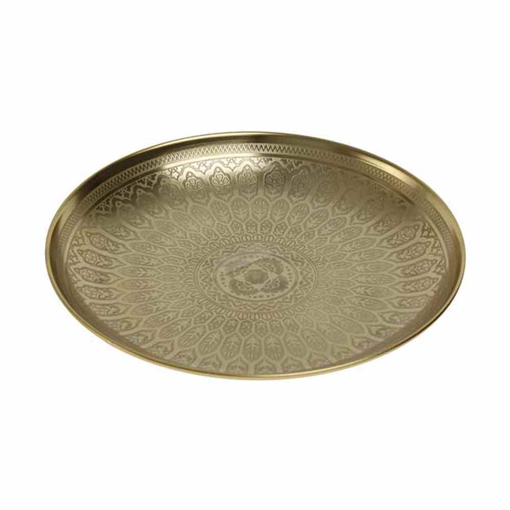 Glamour stílusú, réz színű, maratott keleti indamintákkal díszített fém tálca