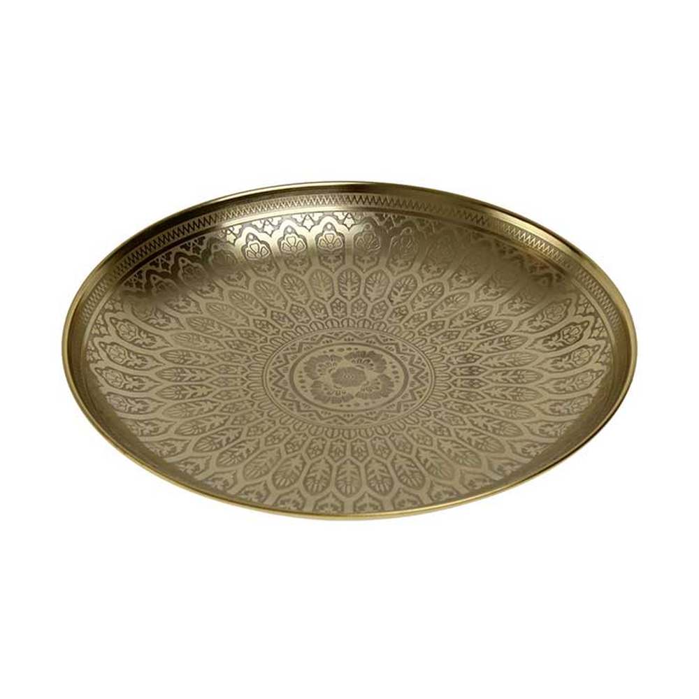 Oriental stílusú, réz színű, maratott keleti indamintákkal díszített fém tálca