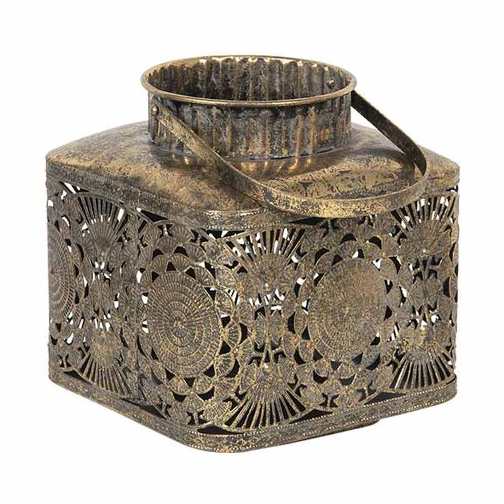 Oriental stílusú, óarany színű, patinás felületű, áttört mintás, függeszthető, belső üvegbúrás fém lámpás