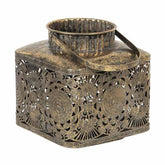 Oriental stílusú, óarany színű, patinás felületű, áttört mintás, függeszthető, belső üvegbúrás fém lámpás