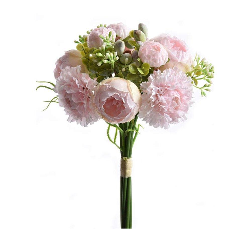 Élethű megjelenésű, mesterséges rózsaszín színű dáliából és pünkösdirózsából készült művirág csokor