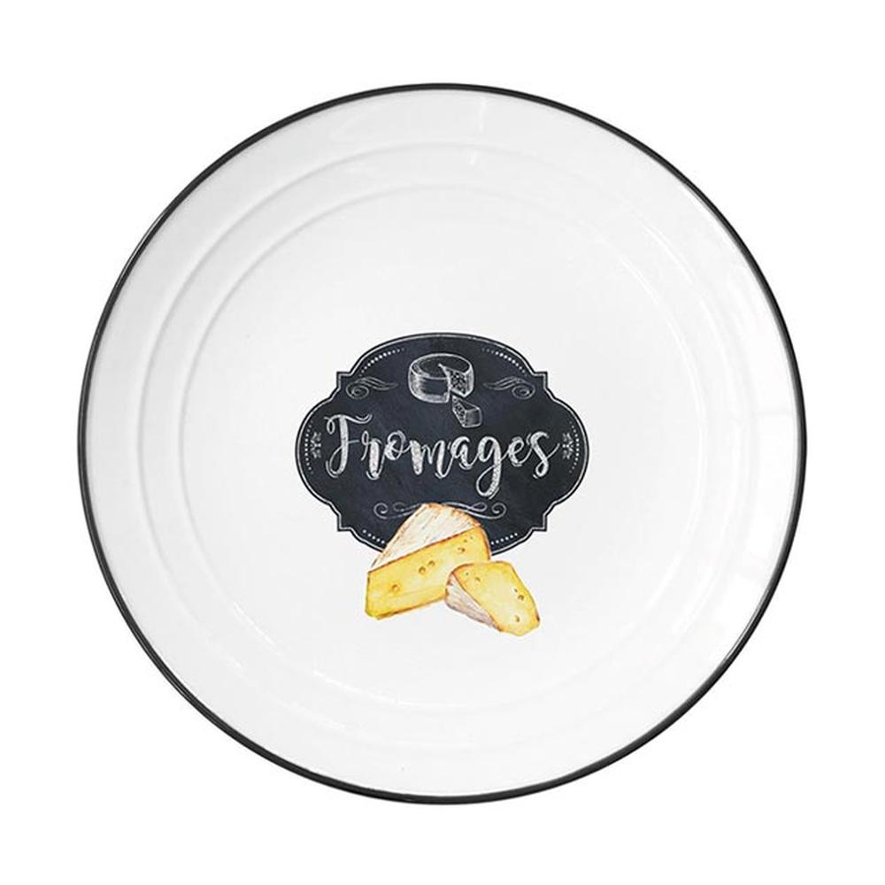 Fekete szegéjű, fehér színű porcelán desszerttányér sajt mintával és fromages felirattal