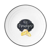 Fekete szegéjű, fehér színű porcelán desszerttányér sajt mintával és fromages felirattal