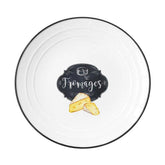 Fekete szegélyű fehér színű porcelán lapostányér sajt díszítéssel