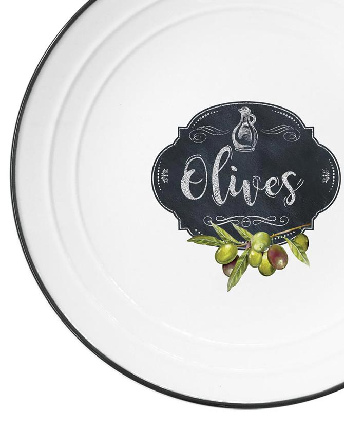 Fekete szegéjű, fehér porcelán lapostányér olívabogyós mintával és olives felirattal