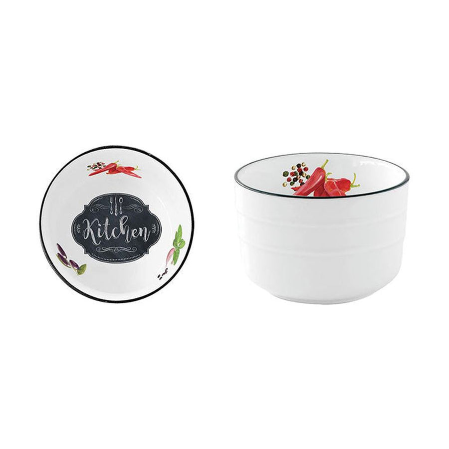 Fekete szegélyű fehér porcelán tálka, vintage kitchen felirattal a kitchen basics kollekcióból
