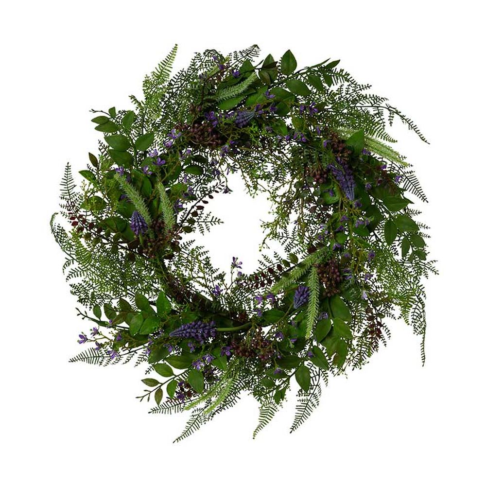 Mesterséges, mű zöld színű páfrány koszorú, kék színű gyöngyikékkel