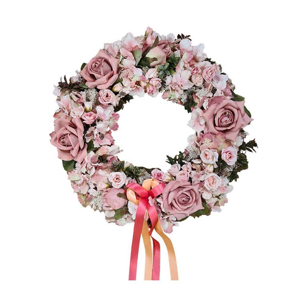 Élethű mesterséges művirágokból készült, szaténszalagokkal díszített nagyméretű ajtókopogtató koszorú