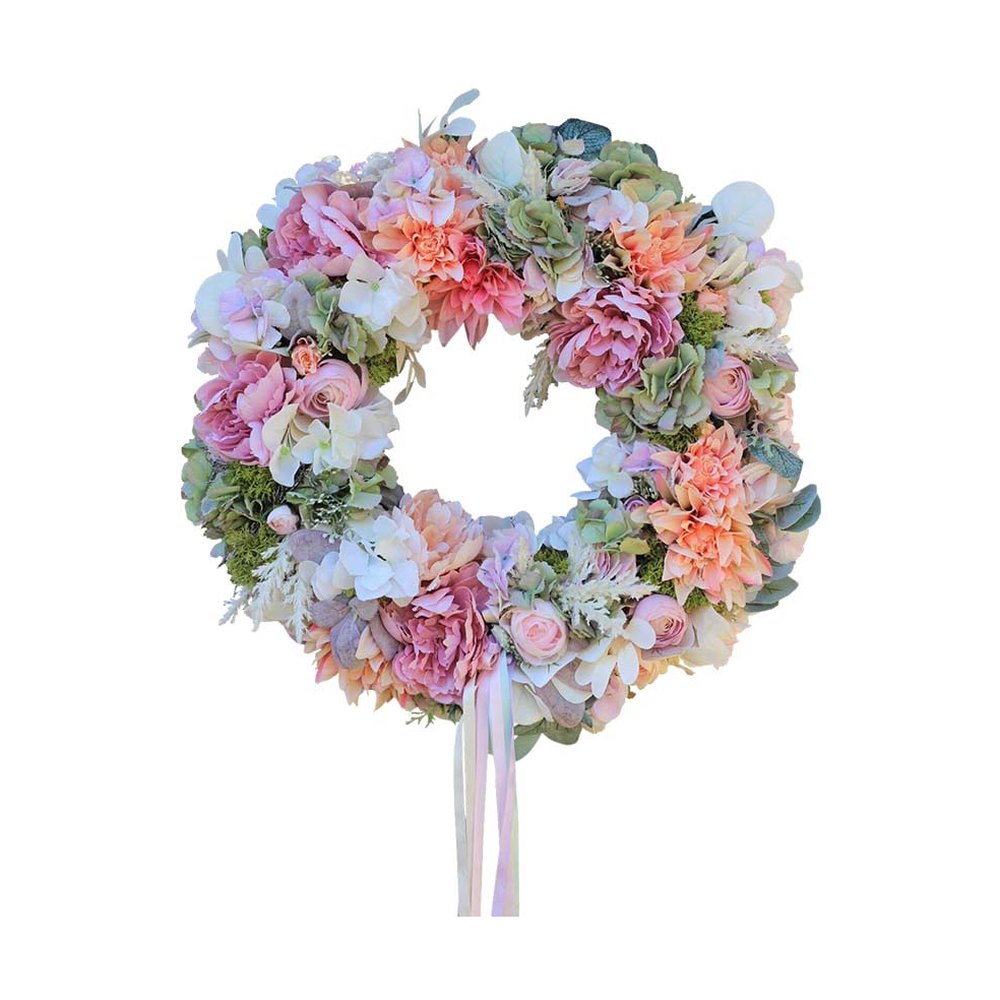 Exkluzív, prémium minőségű, élethű mesterséges művirágokból készült, nagyméretű ajtókopogtató koszorú