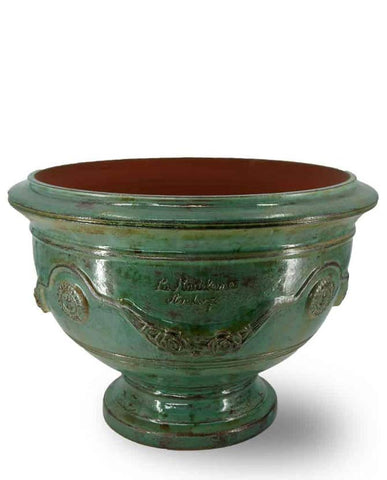 Prémium minőségű, patinás antikolt felületű, smaragdzöld színű kézműves Anduze kerámia kaspó tál a " Vase d'Anduze " kollekcióból