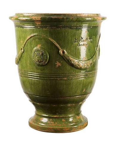 Prémium minőségű, patinás antikolt felületű, tradicionális zöld színű, kézműves Anduze kerámia kaspó