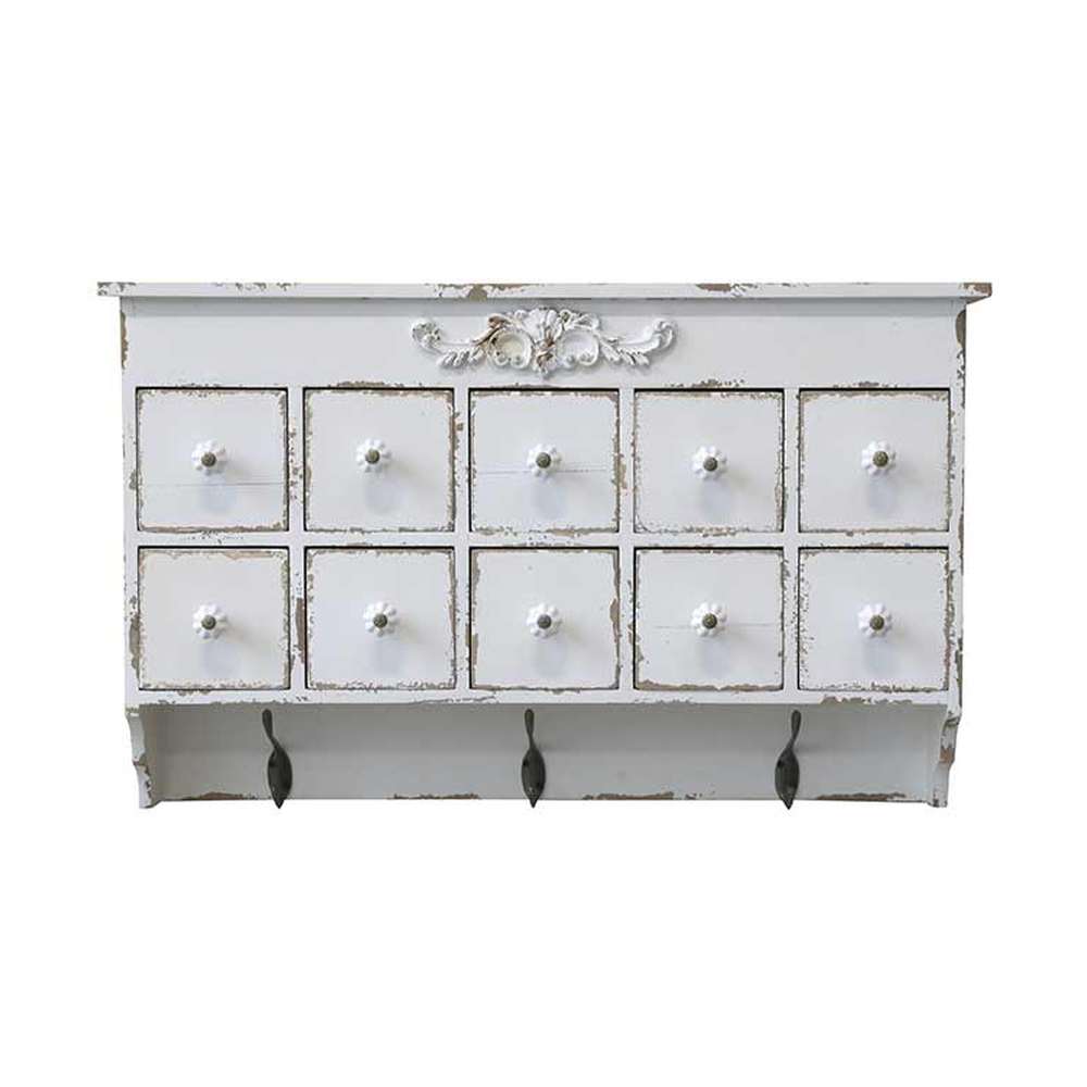 Provanszi stílusú, antik krémszínű, jegenyefenyőből készült fiókos szortírozó polc három darab fém fogassal.